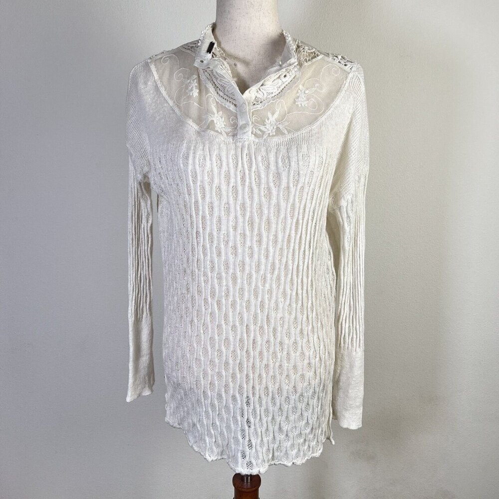 Free People Cream Sweater Size XS‎ Lace Collar Mesh Detailing Cottagecore Boho